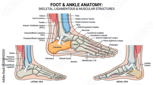Human foot and ankle anatomy with skeletal and muscular structures