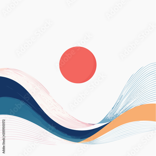 Abstract Wave Landscape with Red Sun