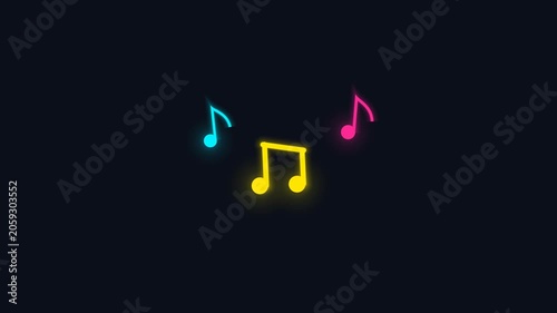 Neon music notes shine brightly in dark background with colorful loop animation