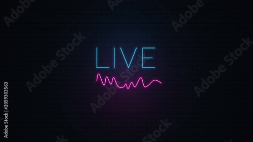 Neon sign displays live music event with vibrant pink waveform