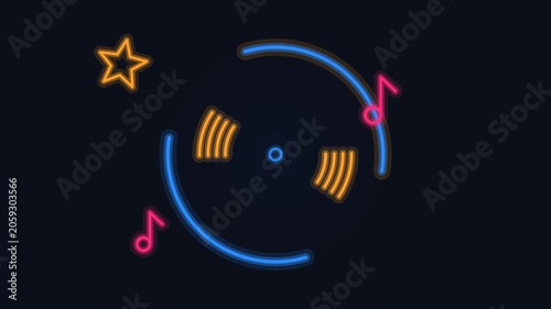 Neon music loop animation with star and notes on black background