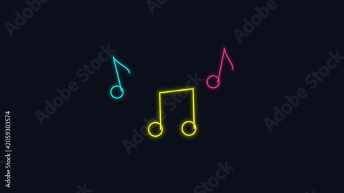 A vibrant neon loop animation of three colorful musical notes floating in a dark space