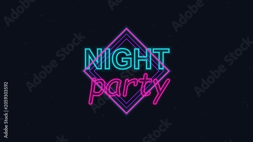 Neon signs display night party in vibrant colors on dark background