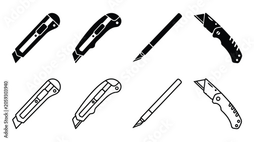 Utility Knives And Pens Black Line Silhouette On White Background