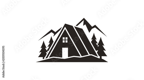 A-frame cabin in mountain forest vector icon logo