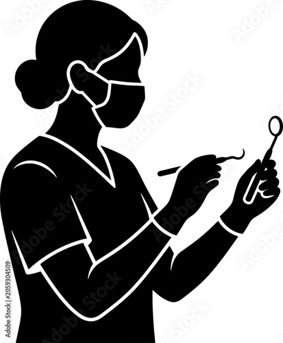 Schilderij op canvas Dentist or hygienist in medical mask holding dental tools  professional silhouet