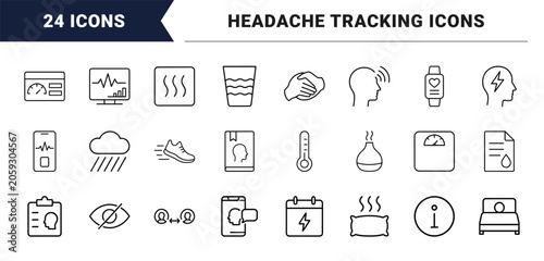 Migraine care management line icon set. Vector pictograms of headache relief, symptom tracking, medical treatment, and patient wellness elements, thin linear illustration.