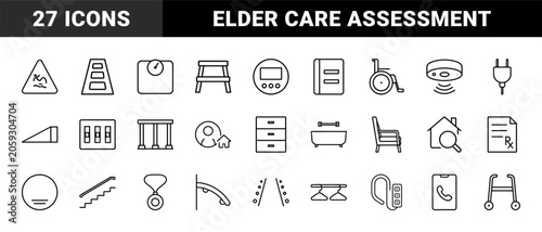 Senior home safety check line icon set. Vector pictograms of elderly care, hazard prevention, residential assessment, and medical emergency elements, thin linear illustration.