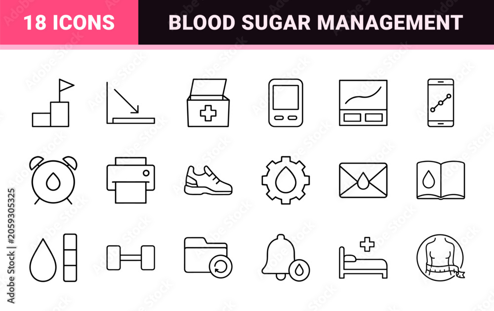 Obraz premium Blood sugar tracking line icon set. Vector pictograms of glucose, monitoring, diabetic, and healthcare elements, thin linear illustration.