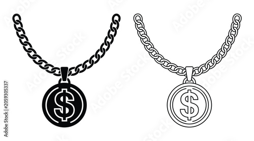 Tableau sur toile Gold chain necklace with dollar sign pendant black and white vector illustration