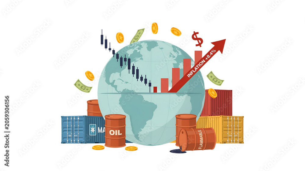 Naklejka premium Global economic growth and international trade illustrated with a world globe, rising stock charts, cargo containers, oil barrels, money, and coins.