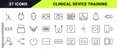Medical device line icon set. Vector pictograms of equipment, programming, safety, and training elements, thin linear illustration.