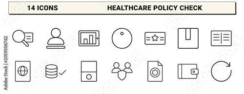 Insurance eligibility check line icon set. Vector pictograms of medical coverage, policy verification, healthcare benefits, and document approval elements, thin linear illustration.