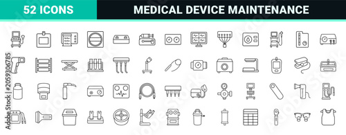 Medical device maintenance line icon set. Vector pictograms of biomedical, calibration, clinical, and laboratory elements, thin linear illustration.
