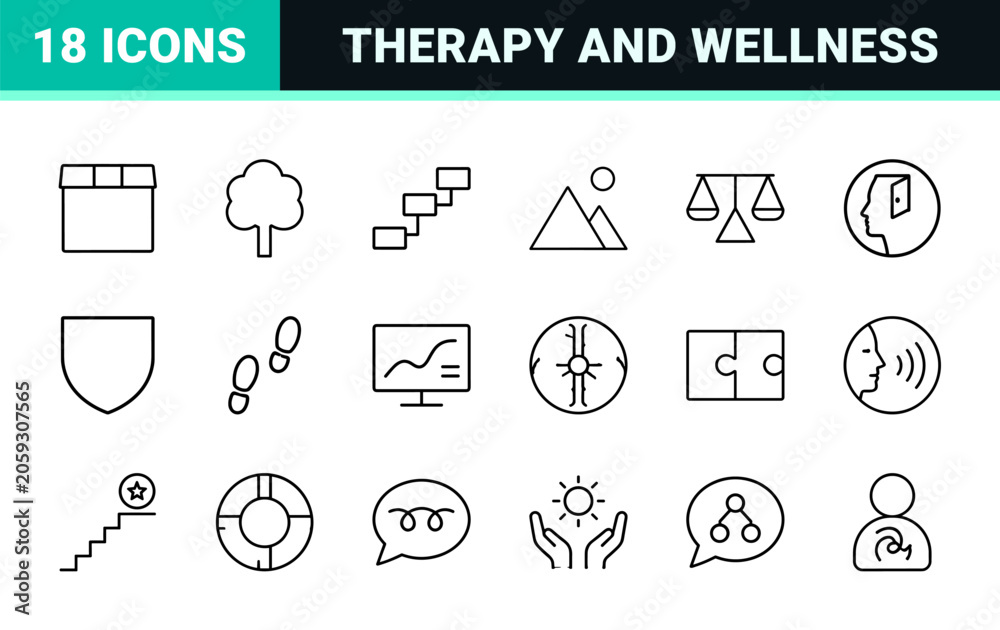Fototapeta premium Mental health line icon set. Vector pictograms of therapy, wellness, counseling, and support elements, thin linear illustration.