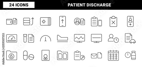 Medical and clinical services line icon set. Vector pictograms of patient transition, discharge tracking, care coordination, and healthcare administration elements, thin linear illustration.