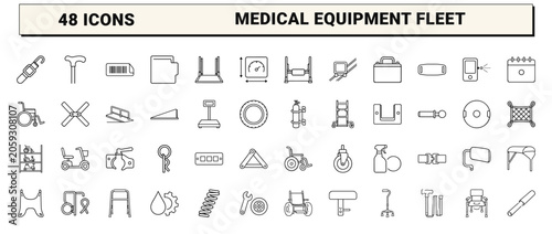 Mobility device inventory line icon set. Vector pictograms of wheelchair, walker, scooter, and maintenance elements, thin linear illustration.