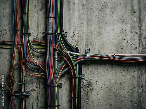 Industrial electrical wiring and cables on a concrete wall