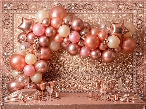 Rose Gold Balloon Arch with Glitter Backdrop and Ornate Frame for Party