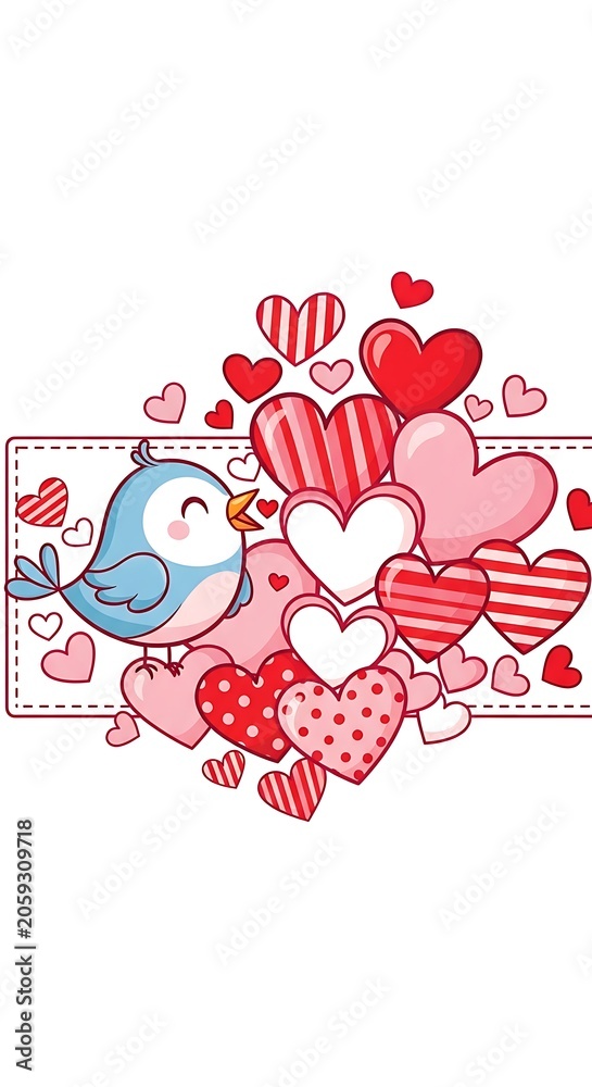 Obraz premium Charming illustration: A delightful blue bird nestled among a joyful cluster of patterned red and pink hearts.