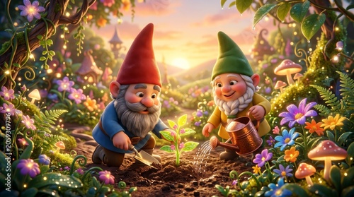 Two garden gnomes working together in a colorful fairy forest. Man gnome planting a seedling while woman gnome waters it with a can. Magical nature scene and whimsical spring concept illustration