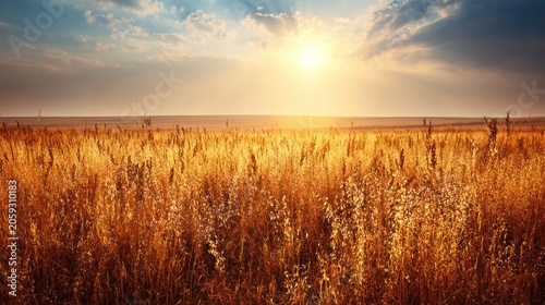 Golden tall grasses stretch across a vast open field under a brilliant sunlit sky.
