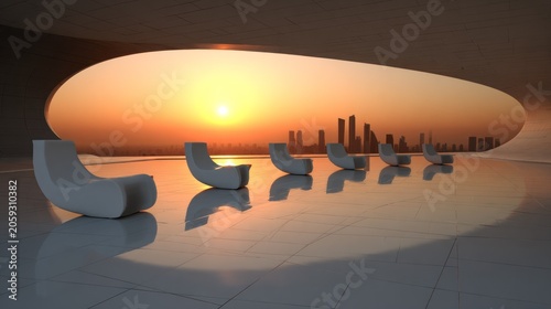 Modern lounge seating arrangement overlooks a cityscape during a vibrant sunset through an ovular architectural opening