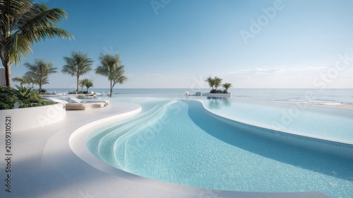 Luxurious resort infinity pool flows toward a tranquil ocean horizon under clear skies