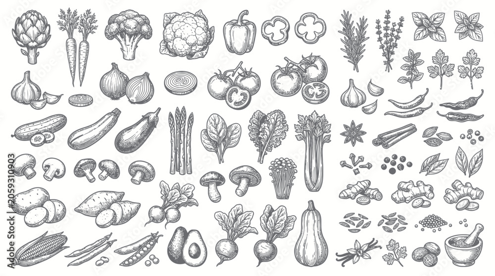 Fototapeta premium Hand drawn sketch of fresh vegetables herbs and cooking spices