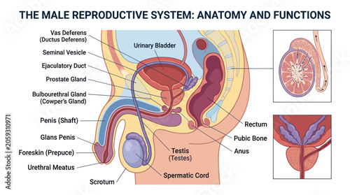 Detailed male reproductive system anatomy diagram with organ labels