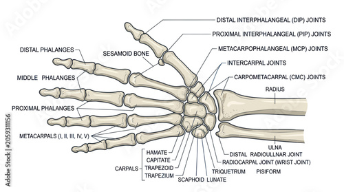 Foto Detailed human hand skeletal anatomy with labeled bones and joints
