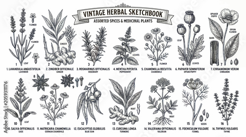 Canvastavla Vintage medicinal plant and herbal spice botanical sketches
