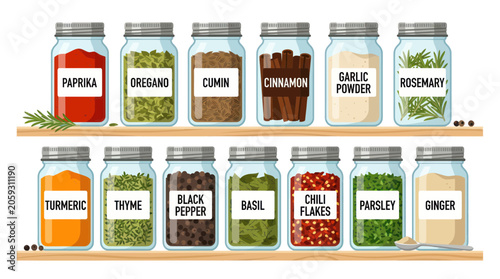 Glass spice jars with various herbs and seasonings on wooden shelves