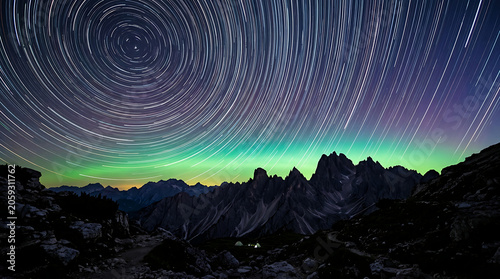 Star trails over jagged mountains with aurora borealis light in a dramatic night sky