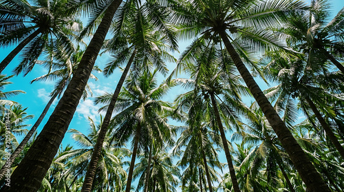 Tall palm trees reaching towards a vibrant blue sky during a sunny day in a tropical location