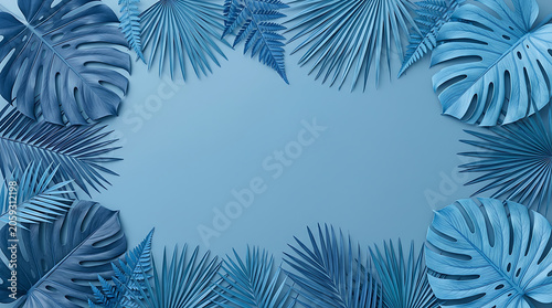 Tropical Monstera and Fern Leaves arranged in a soft blue frame with subtle light