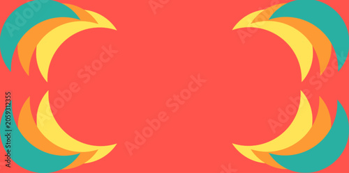 Vibrant Abstract Crescent Shapes on Coral Background - Dynamic Graphic Design. An abstract graphic design featuring colorful crescent shapes in teal, orange, and yellow against a coral background.