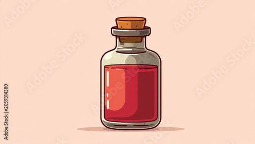 Small glass jar with red liquid and wooden lid on soft beige background