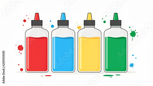 Colorful paint bottles with drips and splashes in red blue yellow and green on white background