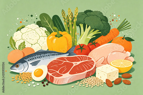 Healthy high protein foods with fresh vegetables for balanced nutrition
