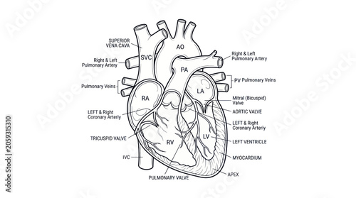 Tableau sur toile Human heart anatomy diagram showing internal chambers and vessels