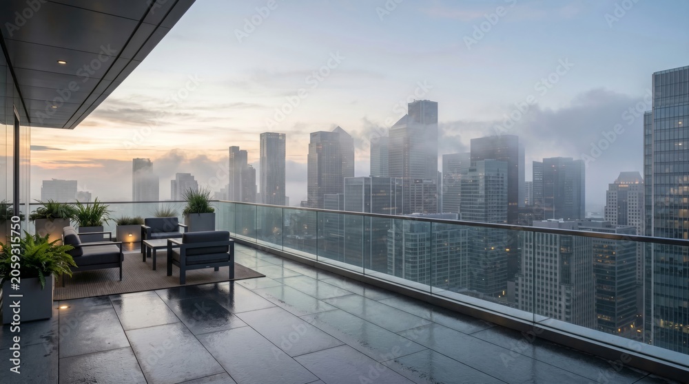 Obraz premium Modern financial district rooftop terrace overlooking skyscrapers in fog. Luxury balcony lounge area with urban city skyline, copy space