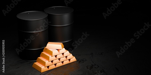 3D render of gold bars and oil barrels on dark background, financial assets and commodity market concept