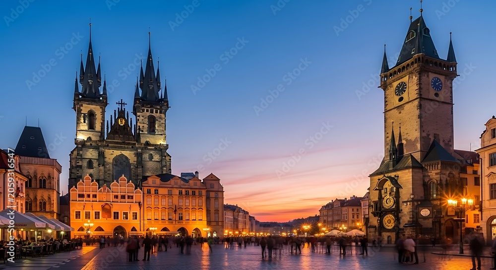 Fototapeta premium Historic european city square at sunset with gothic architecture and cobblestones