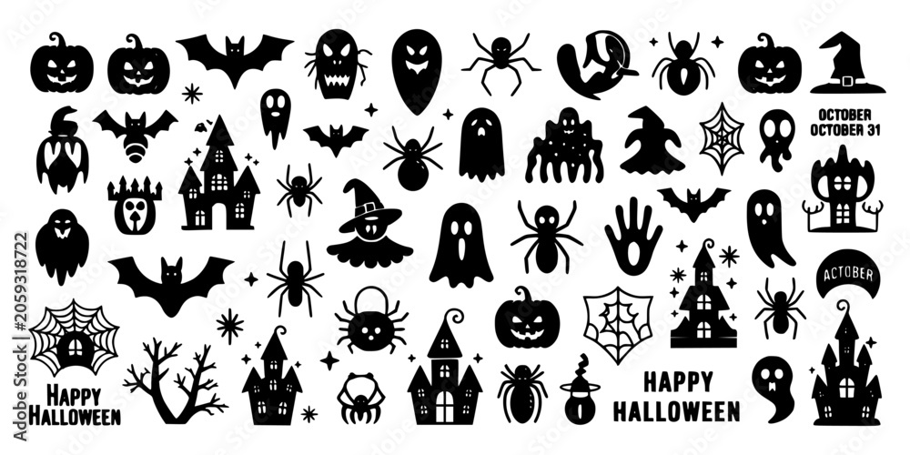 Obraz premium Ghosts and Halloween Icons Sticker Set with Bats, Pumpkins, Haunted Houses, Spiders, and Spooky Symbols on White Background