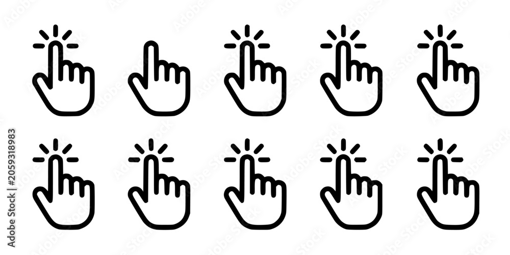 Fototapeta premium Hand Icon Set with Raised Index Finger and Small Spark Symbols, Simple Line Art Pictogram for Interface and Ui Use