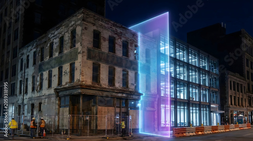 laser scan of brick building under renovation that has been modernized with a new glass curtain wall wing