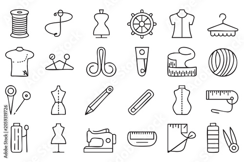 Foto Fashion dressmaking outline icons, tailoring equipment, fabric tools, thread spo