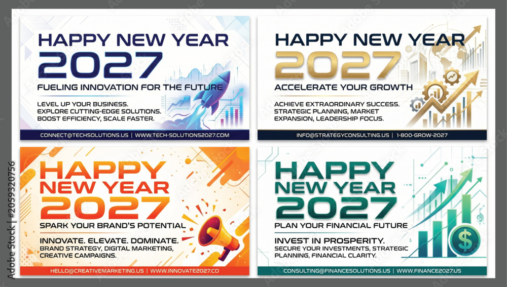 Naklejka premium Collection of four corporate happy new year 2027 promotional flyers highlighting business growth innovation marketing strategy financial planning themes with corporate business marketing