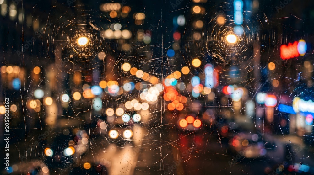 Fototapeta premium Night city view through scratched glass with bright bokeh lights and urban reflections.